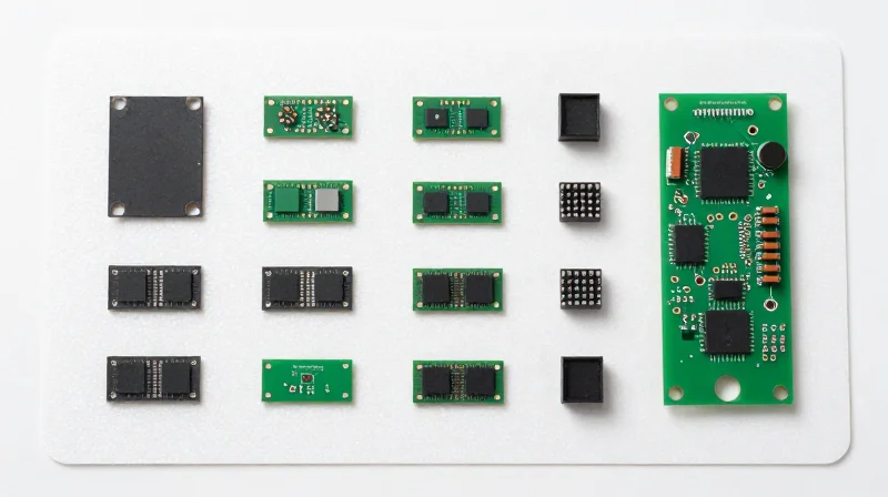 Top-down view of electronic components and surface-mount parts arranged on a workstation.