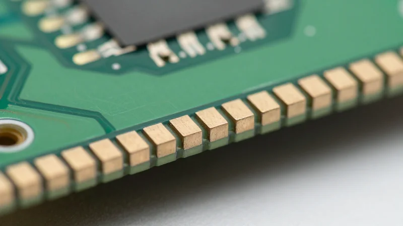 A close-up view of a PCB edge with semi-circular plated castellated holes