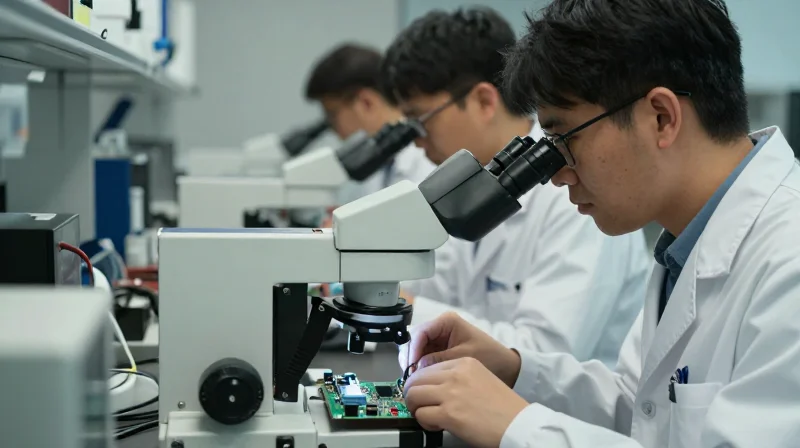 Engineering team examining complex circuit boards with professional microscopes