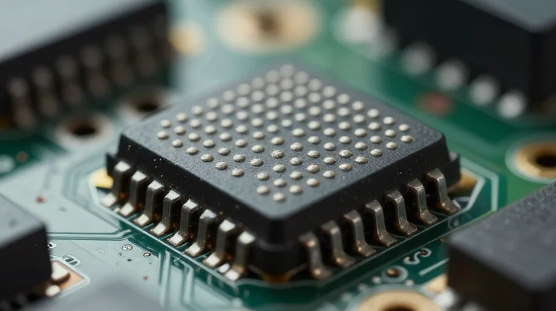A close-up view of a complex BGA component with hidden interconnects under the chip body