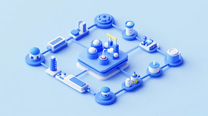 Isometric view of a complex interconnected global supply chain and manufacturing nodes.