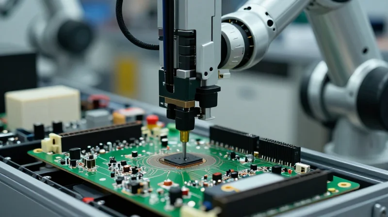 Close-up of a modern circuit board assembly with robotic arms and precision components.