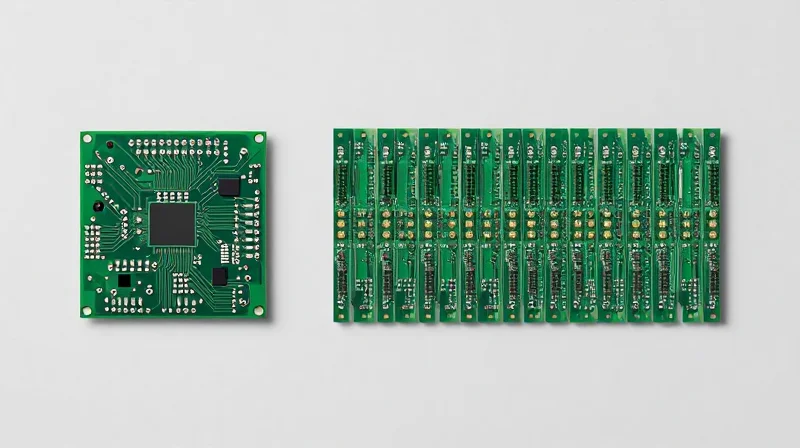 A visual comparison showing a single prototype board transitioning into a large batch of identical units.