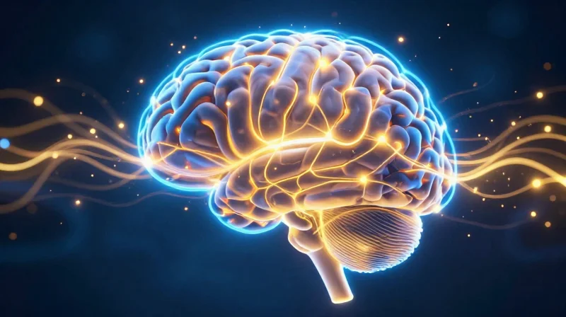 A glowing light bulb integrated into a complex brain structure representing cognitive flow.