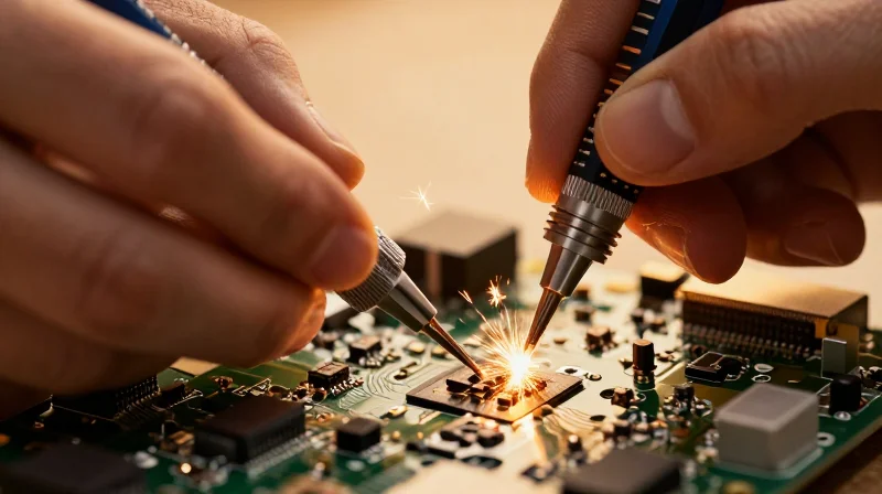 A close-up of a high-tech electronic component being repaired with precision tools.
