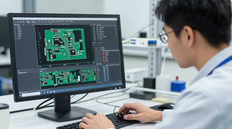 A professional engineer analyzing a clean PCB design layout on a high-resolution workstation screen in a modern lab environment.