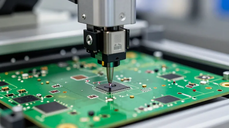 Close-up view of a high-precision SMT pick-and-place machine nozzle positioning components on a circuit board.