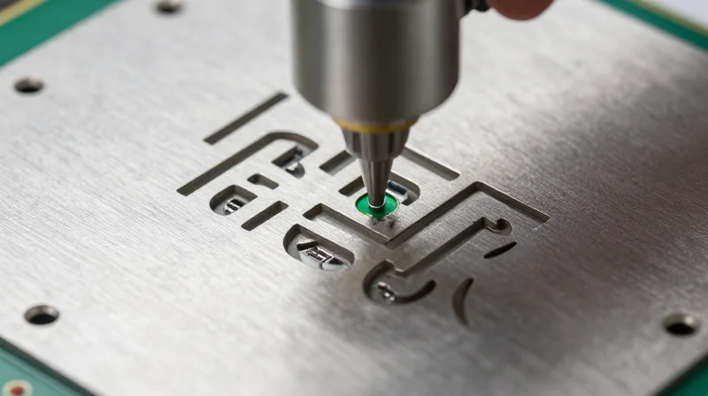 A close-up view of a stainless steel solder paste stencil aligned over a printed circuit board.