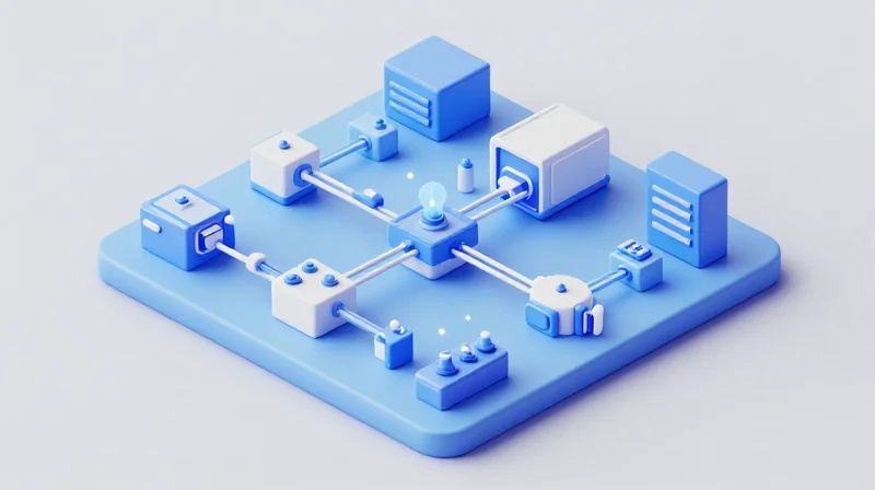 A 3D isometric representation of an agile modular factory workflow with connected stations