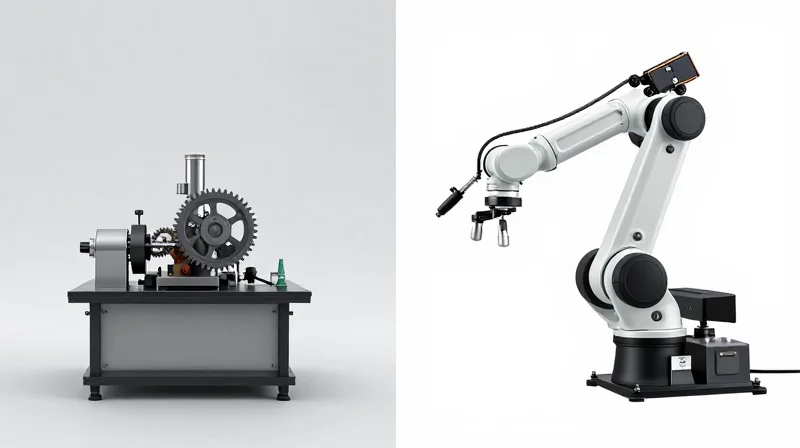 A split-screen comparison showing traditional batch process versus high-speed assembly