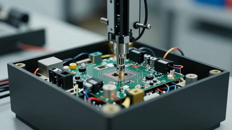 An intricate high-precision electronic system being assembled by a robotic arm and human operator