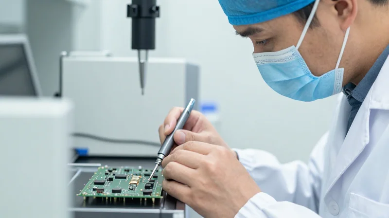 A professional quality inspector examining an electronic device in a clean factory environment
