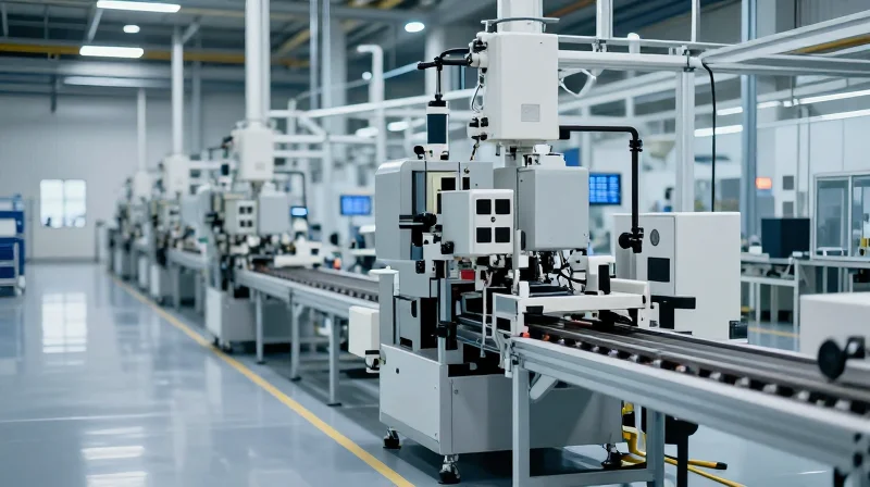 A modern, high-tech industrial facility with automated assembly lines, illuminated by clean cool lighting, representing the evolution of OEM production.