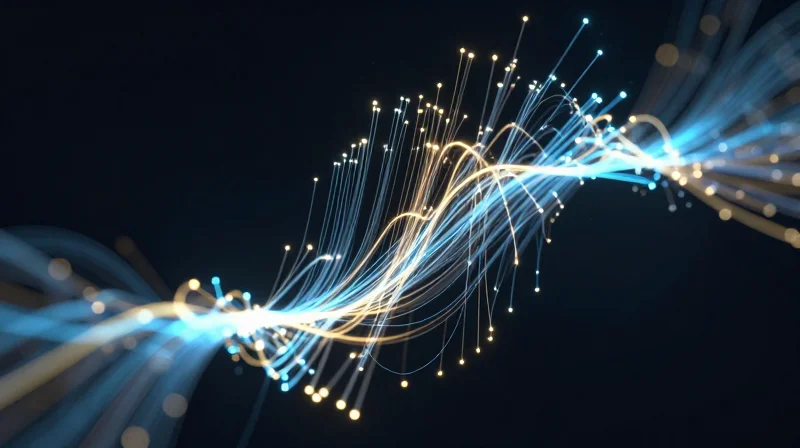 An abstract representation of upward trending light trails and glowing nodes, symbolizing optimized capital expenditure and performance.