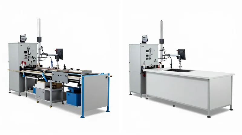 Two assembly line models shown side-by-side representing the efficiency upgrade from a bottlenecked system to an optimized turnkey model.