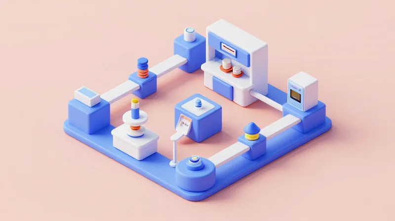 Isometric view of testing stations and modular assembly components on a clean white background