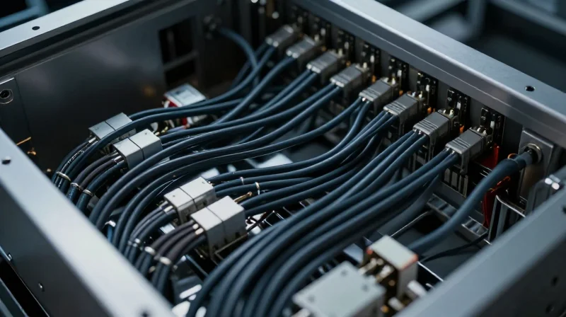 Close up of organized high density wiring inside an enclosure with thermal pathways