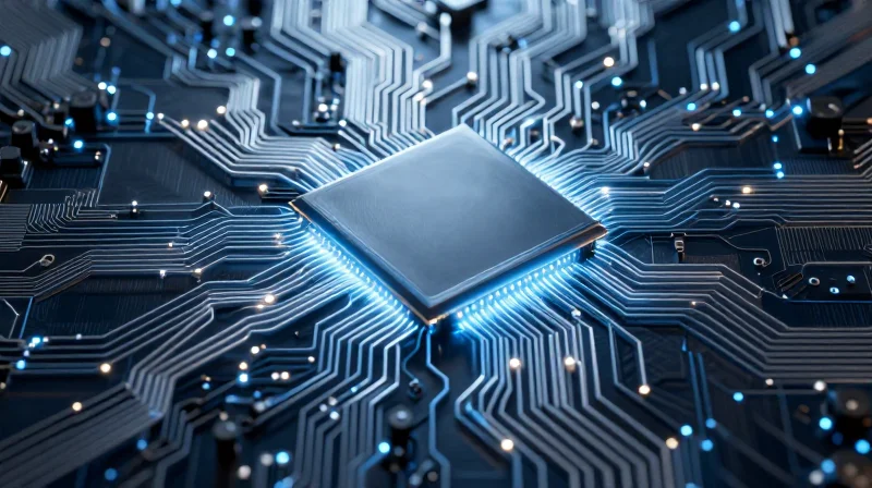 The Evolution of Electronics Complexity Abstract representation of high-density electronic circuits and miniaturized components converging into a single system