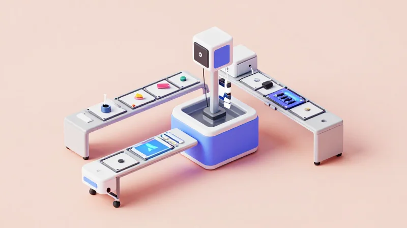 Defining the Turnkey Box Build Advantage Isometric 3D illustration of a unified assembly line creating a complete electronic box build