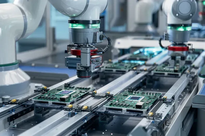 An automated PCB production line in a factory
