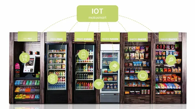 An IoT-enabled vending machine displaying connectivity features