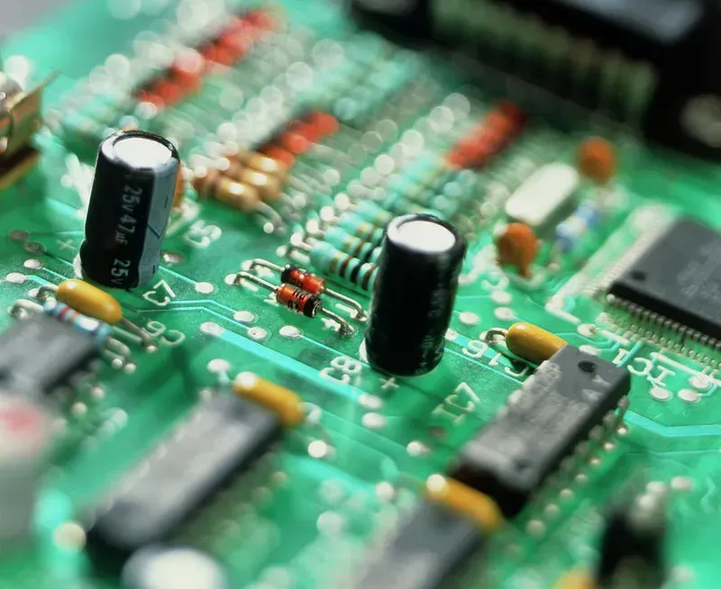 A detailed close-up view of a printed circuit board (PCB)