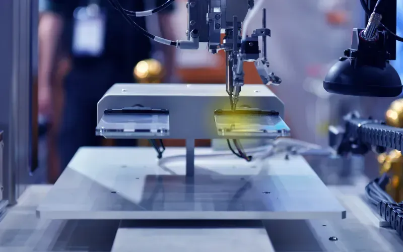 An engineer operating equipment in a PCB manufacturing facility
