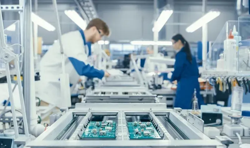 An automated PCB manufacturing line in a factory