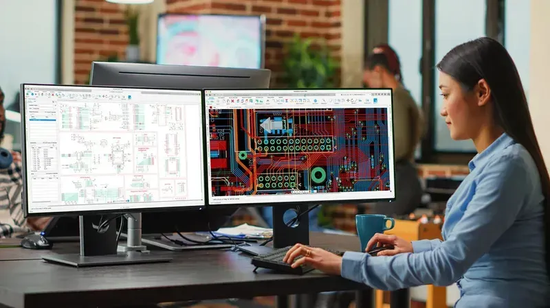 An engineer working on PCB design at a workstation with computer and tools