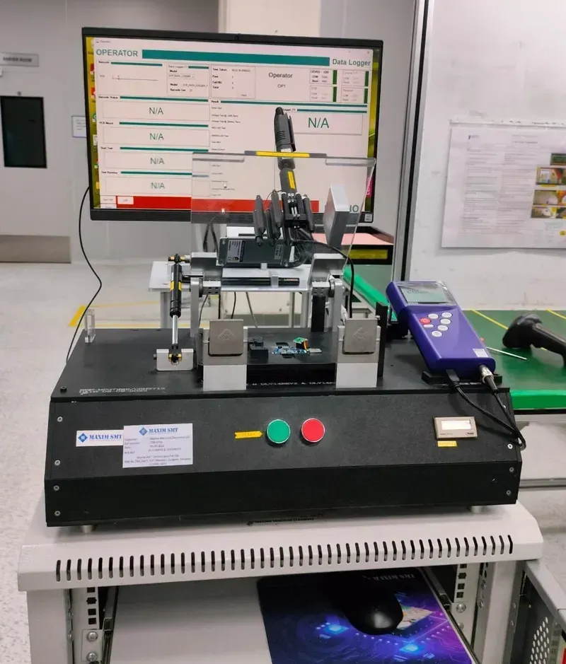 Technician performing quality control tests on a PCB board with specialized equipment