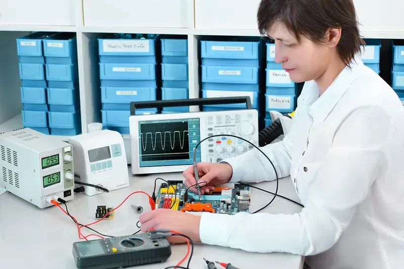 A quality control engineer performing tests on a circuit board in a lab environment