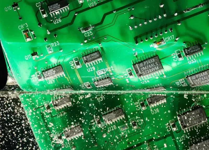 A PCB being coated with a protective conformal layer.