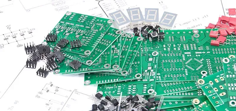 PCB manufacturing line with components being assembled