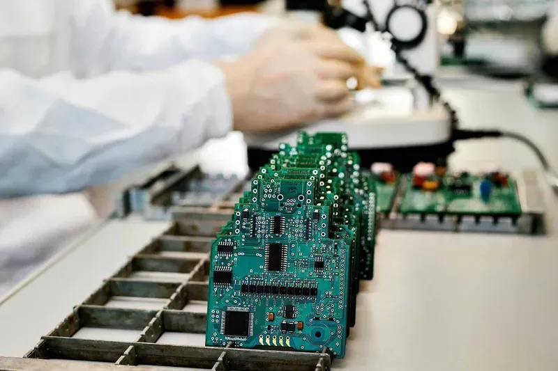 An engineer's hands assembling a PCB prototype on a workbench