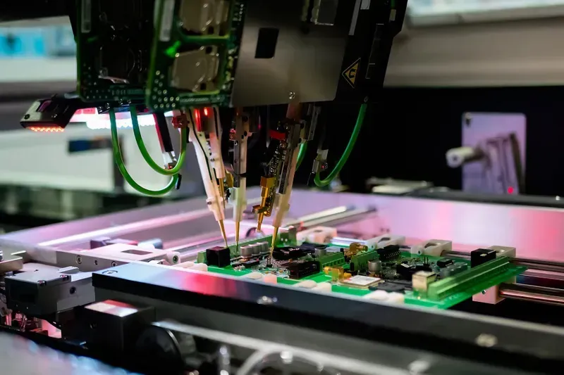 An engineer performing assembly and testing on a PCB board